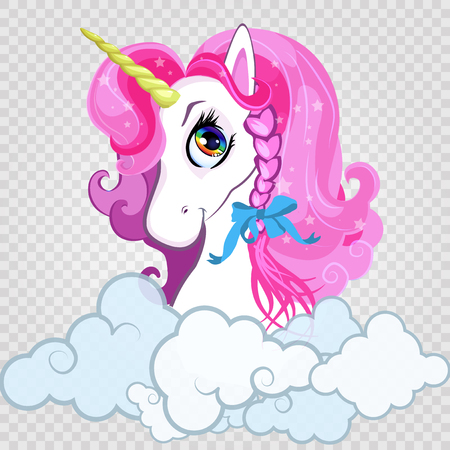 Cartoon white pony unicorn head with pink hair portrait in curly clouds on transparent background. Vector illustration, icon, sticker, clip art for kids clothing print, mobile app avatar, postcard.のイラスト素材