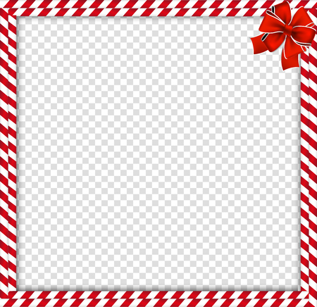 Christmas, new year candy cane photo frame with red and white striped lollipop pattern and festive bow in the corner isolated on transparent background. Xmas border. Vector illustration, template.のイラスト素材