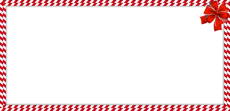 Christmas, new year rectangle candy cane frame with red and white striped lollipop pattern and festive bow isolated on white background. Holiday xmas border. Vector banner, billboard template.のイラスト素材