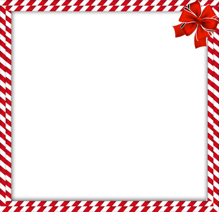 Christmas, new year double candy cane photo frame with striped lollipop pattern and festive ribbon in the corner isolated on white background. Xmas border. Vector greeting card, postcard templateのイラスト素材