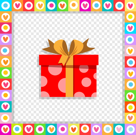 Vector illustration of cute cartoon red gift box wrapped with festive ribbon framed with heart border isolated. Present icon, anniversary  wedding, valentine greeting card sticker, clip art.のイラスト素材