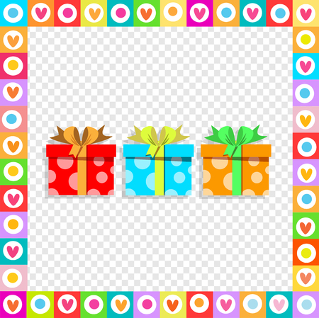 Cute festive colorful wrapped gift boxes inside of heart frame on transparent background. Cartoon vector illustration, greeting card, postcard for birthday, christmas, new year, valentines day, sale.のイラスト素材