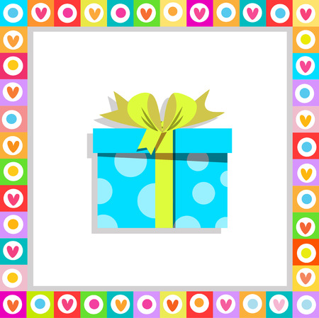 Vector illustration of cute cartoon blue gift box wrapped with festive bow framed with heart frame isolated. Present icon, anniversary wedding, birthday, christmas, new year postcard clip art.のイラスト素材
