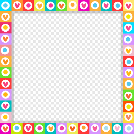 Cute vector square love border made of doodle hand drawn hearts in bright colors isolated. Template with copy space for valentines greeting card, dating invitation, scrapbooking element, photo frameのイラスト素材