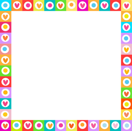 Cute vector vibrant square love frame made of doodle hand drawn hearts on white background. Template with copyspace for valentine greeting card, wedding invitation, scrapbook element, photo border.のイラスト素材