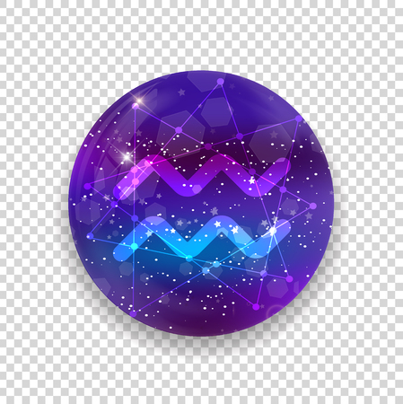 Aquarius Zodiac sign and constellation on a cosmic purple sky with glowing stars and nebula isolated on transparent background. Vector neon icon, web button, clip art, astrology, horoscope, astronomyのイラスト素材