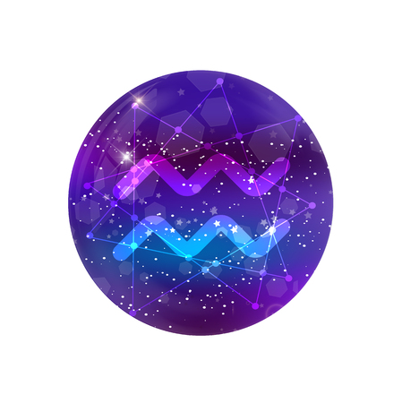 Aquarius Zodiac sign and constellation on a cosmic purple sky with glowing stars and nebula isolated on white background. Vector neon design icon, web button, clip art, astrology, horoscope, astronomyのイラスト素材