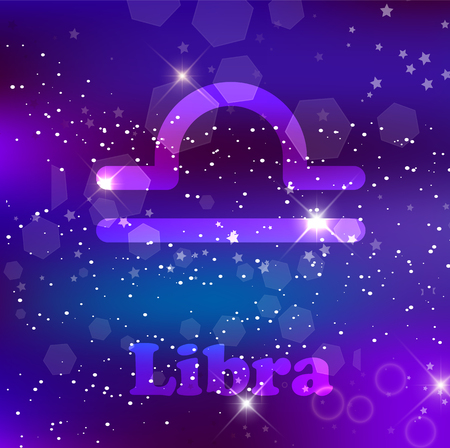 Libra Zodiac sign and constellation on cosmic purple background with glowing stars and nebula. Vector illustration, banner, poster, scales card. Space, astrology, horoscope, astronomy, fantasy designのイラスト素材