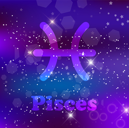 Pisces Zodiac sign and constellation on a cosmic purple background with glowing stars and nebula. Vector illustration, banner, poster, fish card. Space, astrology, horoscope, astronomy, fantasy designのイラスト素材
