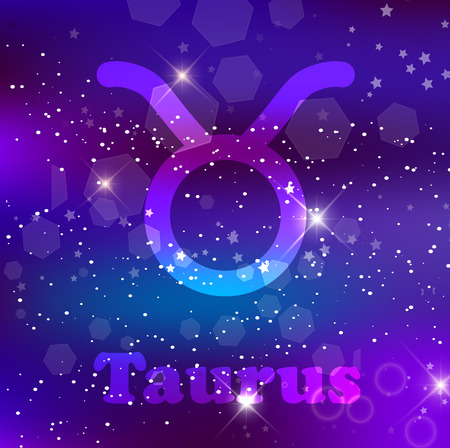 Taurus Zodiac sign and constellation on a cosmic purple background with glowing stars and nebula. Vector illustration, banner, poster, bull card. Space, astrology, horoscope, astronomy, fantasy designのイラスト素材