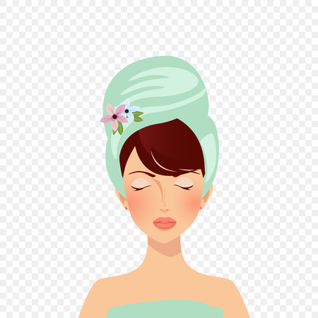 Beauty spa face, pretty woman in towel with closed eyes. Character portrait girl shining purity and relaxing. Fashion, style, beauty. Spa day. Vector illustration, fashion, style, clip art isolated.のイラスト素材