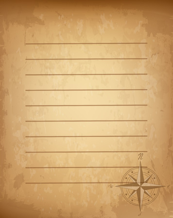Old vintage lined paper with wind rose compass sign. Highly detailed vector illustration. Template with copy space for text. Pirates map, concept. Aged revival rusty treasure, adventures, marine cardのイラスト素材