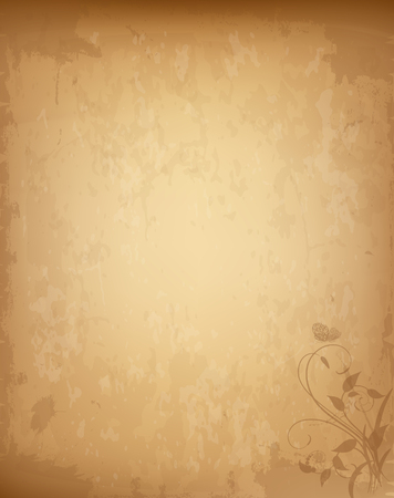 Old grungy vintage blank with lovely rose flower print in corner. Worn template for mail, greeting postcard, invitation, aged letter paper with empty copy space for text. Vector illustration.のイラスト素材