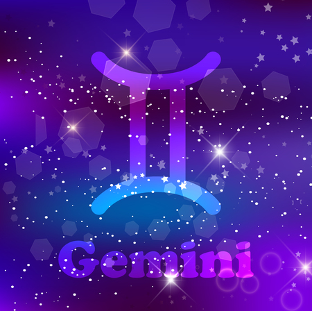 Gemini Zodiac sign and constellation on cosmic purple background with glowing stars and nebula.   illustration, banner, poster, twins card. Space, astrology, horoscope, astronomy, fantasy designの写真素材