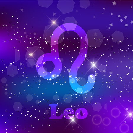 Lion Zodiac sign and constellation on a cosmic purple background with glowing stars and nebula.   illustration, banner, poster, leo card. Space, astrology, horoscope, astronomy, fantasy design.の写真素材