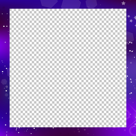 Vector fantastic galaxy square border on transparent background with copy space. Purple neon magic banner, night starry sky photo frame. Magical light effect. scrapbook, postcard, flyer template.のイラスト素材
