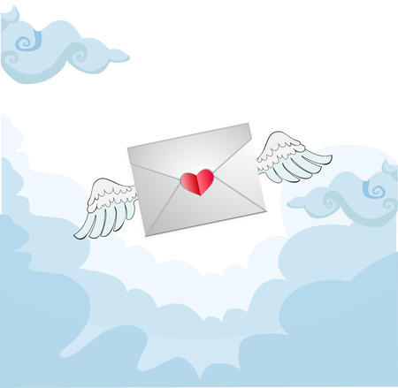 Flying love letter with white angel wings in the blue sky. Greeting card for Valentine's day in cartoon style.   illustration, invitation, clip art.の写真素材