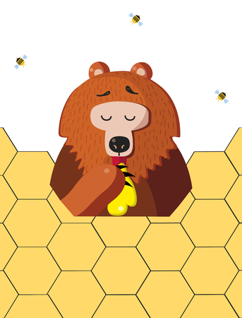 Cute cartoon bear character eating honey from paw and bees flying around isolated on honeycomb background. Vector illustration clip art, icon, logo, sticker.のイラスト素材