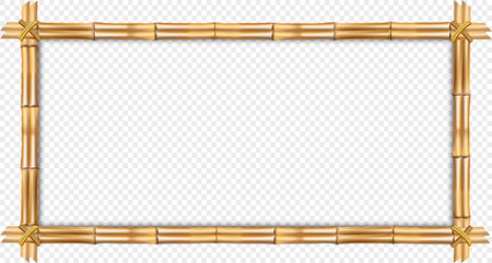 Rectangle brown wooden border frame made of realistic dry bamboo sticks with rope, empty copy space for text or image. Vector clip art, banner, template isolated on transparent backgroundのイラスト素材