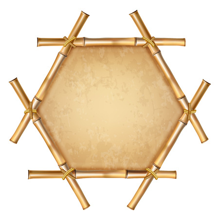 Hexagonal brown wooden border frame made of realistic dry bamboo stems with rope, old paper, canvas, copy space. Vector clip art, banner, template, photo frame isolated on white backgroundのイラスト素材