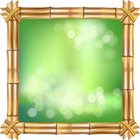 Vector illustration of square brown dry bamboo stems border frame, blur bokeh background and blurry white circles inside isolated on white. Abstract concept tropical signboard with empty place for text.のイラスト素材