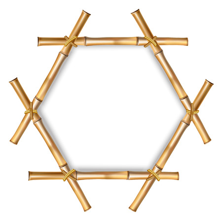 Hexagonal brown wooden border frame made of realistic dry bamboo stems with rope and empty copy space for text or image. Vector clip art, banner, template or photo frame isolated on white backgroundのイラスト素材