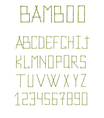Vector bamboo alphabet. Capital letters made of realistic green bamboo poles isolated on white background. Abc clip art concept for creating words, text, advertising, message.のイラスト素材