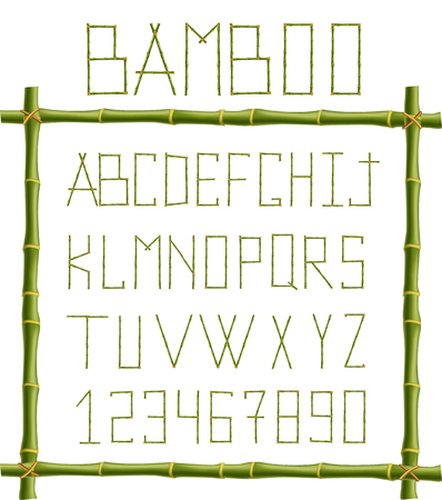 Vector bamboo alphabet. Capital letters made of realistic green bamboo poles inside of wooden stick frame isolated on white background. Abc concept for creating words, text, advertising, message.のイラスト素材