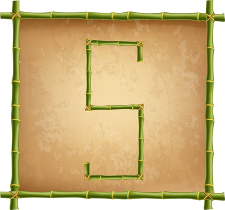 Vector bamboo alphabet. Capital letter S made of realistic green bamboo sticks poles on old paper, papyrus, parchment or canvas background. Abc concept for creating words, text, advertising, message.のイラスト素材