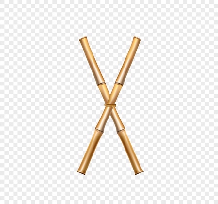Vector bamboo alphabet. Capital letter X made of realistic brown dry bamboo poles isolated on transparent background. Abc concept for creating words, text, advertising, message.のイラスト素材