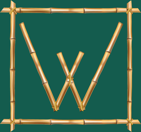 Vector bamboo alphabet. Capital letter W made of realistic brown dry bamboo poles inside of wooden stick frame isolated on green background. Abc concept for creating words, text, advertising, message.のイラスト素材