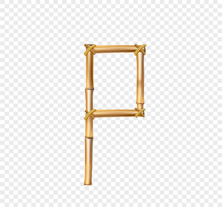 Vector bamboo alphabet. Capital letter P made of realistic brown dry bamboo poles isolated on transparent background. Abc concept for creating words, text, advertising, message.のイラスト素材