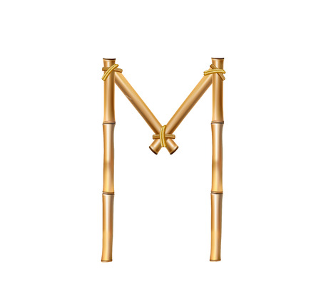 Vector bamboo alphabet. Capital letter M made of realistic brown dry bamboo poles isolated on white background. Abc concept for creating words, text, advertising, message.のイラスト素材