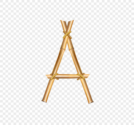 Vector bamboo alphabet. Capital letter A made of realistic brown dry bamboo poles isolated on transparent background. Abc concept for creating words, text, advertising, message.のイラスト素材