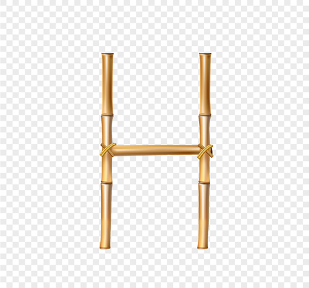 Vector bamboo alphabet. Capital letter H made of realistic brown dry bamboo poles isolated on transparent background. Abc concept for creating words, text, advertising, message.のイラスト素材