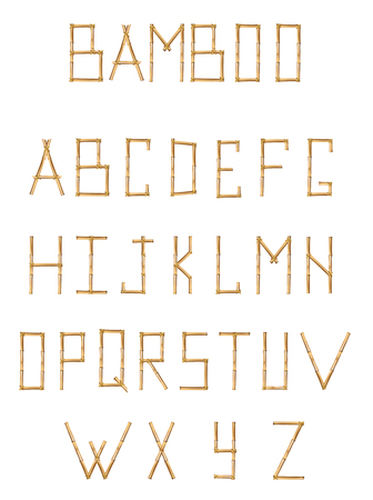 Vector bamboo alphabet. Capital letters made of realistic brown dry bamboo poles isolated on white background. Abc concept for creating words, text, advertising, message.のイラスト素材