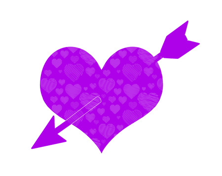 Cupid Arrow Going Through Purple Heart with Doodle Pattern. Love Sign. Happy Valentines Day Symbol Isolated on White Background. Vector Illustration. Sticker, Greeting Card, Minimal Design Style Printのイラスト素材