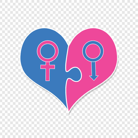 Pink And Blue Heart Assembled Of Two Puzzle Pieces With Male And Female Mars And Venus Sign. Sex Symbols. Genders Vector Icon, Valentines Day Concept. Heterosexual Couple In Love.のイラスト素材