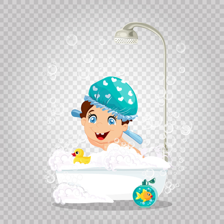 Cute Smiling Boy Character in Washing Hat Taking Shower and Bathing with Yellow Duck Toy and Gold Fish in Bathroom Isolated on Transparent Background. Cartoon Hygiene Vector Illustration, Clip Artのイラスト素材
