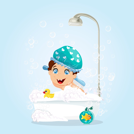 Cute Little Smiling Boy with Blue Eyes Dressed in Blue Hat Washing in Bathtub with Foam, Bubbles and Shower, Duck Toy and Gold Fish in Bathroom Isolated. Cartoon Character Vector Illustration Clip Artのイラスト素材