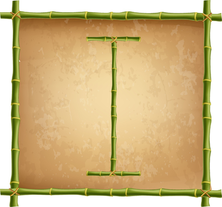 Vector bamboo alphabet. Capital letter I made of realistic green bamboo sticks poles on old paper, papyrus, parchment or canvas background. Abc concept for creating words, text, advertising, message.のイラスト素材