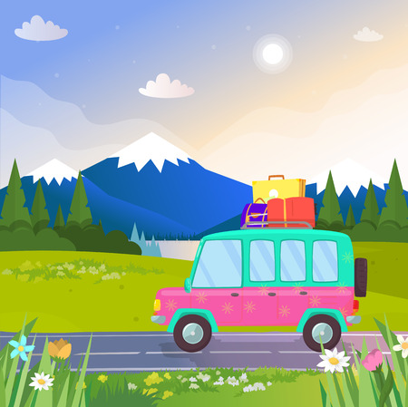 Funny Colorful Car with Trunk and Luggage on Roof Going by Road at Beautiful Nature Background with Mountains Landscape, Lake and Pine Trees. Traveling, Vacation. Cartoon Flat Vector Illustration.のイラスト素材