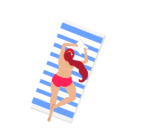 Woman on Beach Isolated on White Background. Young Girl in Sexy Swim Suit Relaxing Topless Lying on Belly on Towel and Reading Book. Sunbathing Lady. Cartoon Flat Vector Illustration, Clip Artのイラスト素材