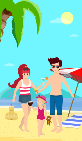 Happy Family at Beach. Smiling Parents with Child Stand on Sand Enjoy Cocktails on Seaside Background with Dolphins, Palms, Umbrella and Sand Castle. Cartoon Flat Vector Illustration, Vertical Bannerのイラスト素材