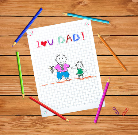 Father and son kid greeting card, dad with boy, hand drawn I love you dad inscription on checkered notebook sheet graphing paper wooden table colored pencils background Fathers day  illustrationの写真素材
