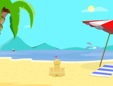 Summer Beach Background, Day Time Empty Landscape, Exotic Seaside with Sand Castle, Resort Coast Seascape, Palm Tree, Dolphins, Sailing Ship, Sandy Shore Flyer Cartoon Flat Vector Illustration, Bannerのイラスト素材