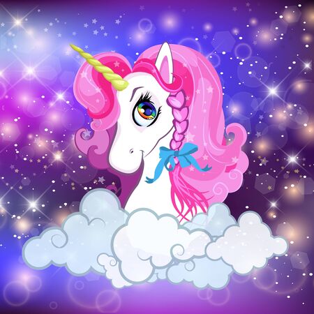 Unicorn head with pink mane portrait on rainbow mesh kawaii universe galaxy space or night sky holographic background, clouds, magic sparkles, stars, princess fairytale Cartoon illustrationの写真素材