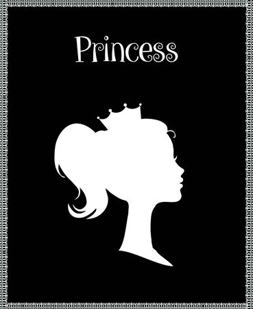 Princess or Queen Profile Silhouette with Crown on Head, Monochrome Cameo Victorian Portrait of Royal Person in Lace Frame, Cute Girl Weraring Tiara Side View, Retro Cartoon Flat Illustrationの写真素材