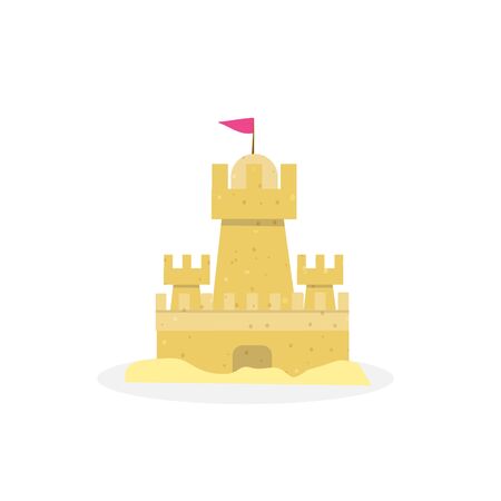 Sand Castle, Sandcastle Isolated on White Background, Sandy Palace Design Element Flyer, Party Invitation, Poster, Tropical Vacation, Summer Activity, Game. Cartoon Flat vector Illustration, Clip artのイラスト素材