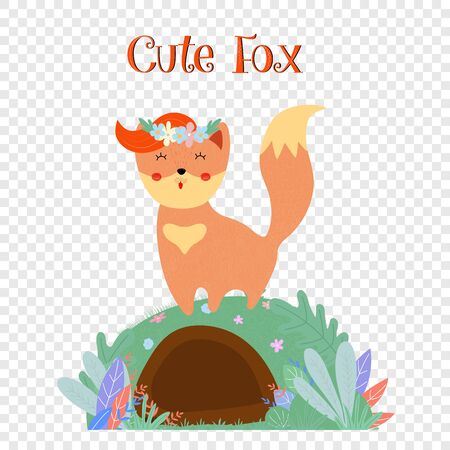 Cute fox in flower wreath stand on foxy burrow isolated on transparent background, sweet animal print for baby design. Cartoon flat vector hand drawn illustration, scandinavian style, icon, clip artのイラスト素材